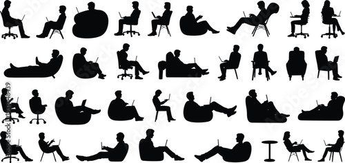 Collection of silhouettes of people sitting in chairs using laptops, diverse postures, remote work, ergonomic setups, digital workspace, office, productivity