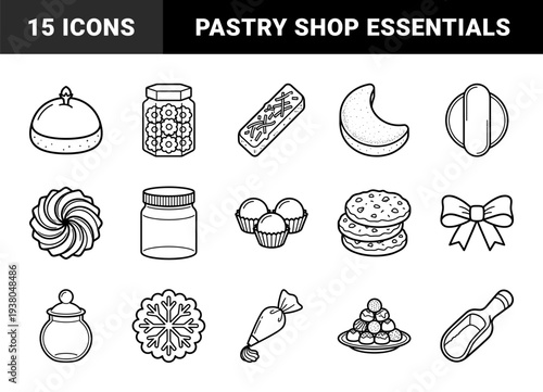 Bakery and confectionery line art elements for recipe blogs and menu design. Minimalist monoline illustrations featuring cookies, jars, and pastry tools.