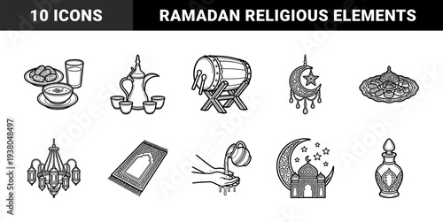 Ramadan and Islamic cultural traditions presented in a bold monoline aesthetic. Featuring prayer rug, crescent moon, lantern, and traditional suhoor food elements.