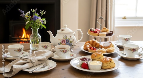 Wallpaper Mural Cozy afternoon tea setup with floral china and delicious pastries by fireplace Torontodigital.ca