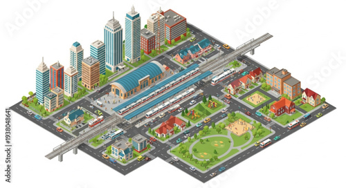 Isometric Cityscape with Train Station and Buildings.