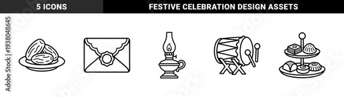 Ramadan and Eid celebration elements for Islamic holiday branding. Bold monoline pictograms featuring a lantern, dates, greeting card, drum, and traditional sweets.