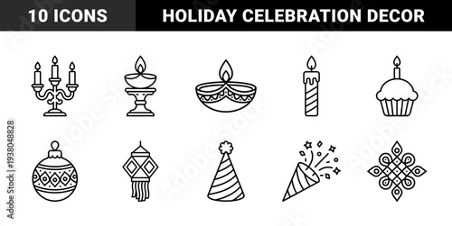 Celebration and cultural festival decorative elements for event branding. Minimalist monoline graphics featuring ceremonial lamps, party favors, and traditional holiday ornaments.