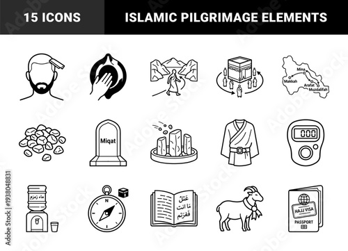 Islamic Hajj and Umrah pilgrimage ritual elements. Minimalist monoline pictograms featuring Kaaba tawaf, Ihram clothing, Jamarat, and holy sites.