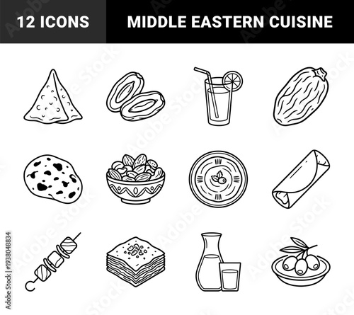 Traditional Middle Eastern cuisine and Ramadan Iftar food elements in a minimalist monoline style. Hand-drawn line art featuring dates, samosa, hummus, and kebab.