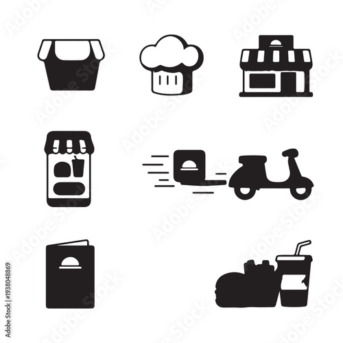 A set of black solid icons depicting various food delivery services, restaurant concepts, and convenient culinary experiences.