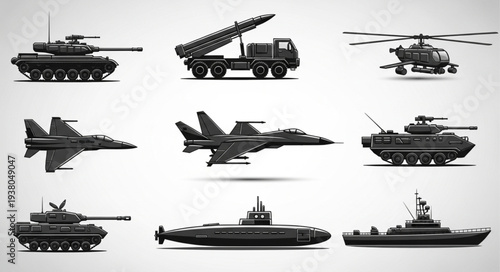 Collection of military vehicles and aircraft in pixel art style.