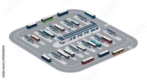 Isometric View of a Busy Bus Station with Multiple Buses Lined Up.