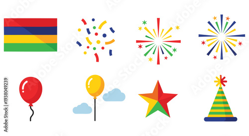 Mauritius flag map celebration fireworks balloons confetti and party hat