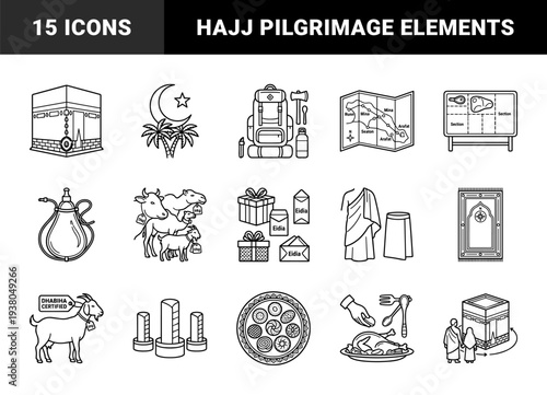 Hajj and Eid al-Adha pilgrimage traditions and Islamic ritual elements. Monolinear black and white vector graphics for religious educational materials.