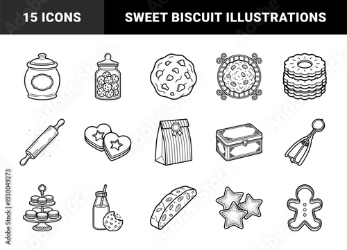 Bakery and confectionery line art elements for recipe blogs and menu design. Minimalist hand-drawn cookie jar, rolling pin, and assorted biscuits.