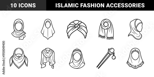 Traditional Islamic headwear and modest fashion accessories for cultural identity. Minimalist monoline illustrations featuring various hijab styles, turbans, and pins.