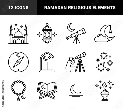Ramadan Kareem and Islamic lunar observation elements for religious branding. Technical monoline pictograms featuring mosque architecture and celestial navigation symbols.