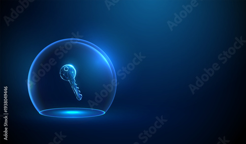3d digital key inside transparent glass dome. Data protection, secure access management, password storage safety, encryption verification, identity authentication concept.