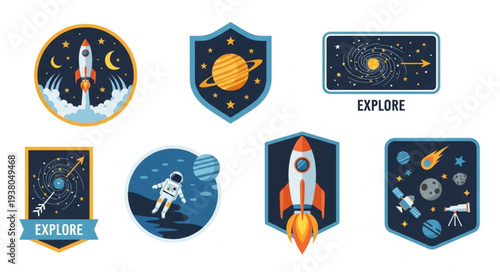 Space exploration patches and emblems with rockets and astronauts.