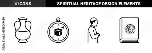 Islamic religious practice and heritage elements featuring qibla compass, holy quran, prayer posture, and traditional water vessel in monoline aesthetic.