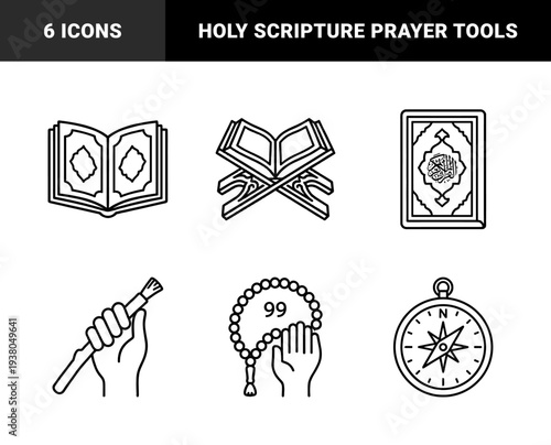 Islamic religious symbols and spiritual practice elements. Minimalist monoline black and white line art featuring Quran, prayer beads, and qibla compass.