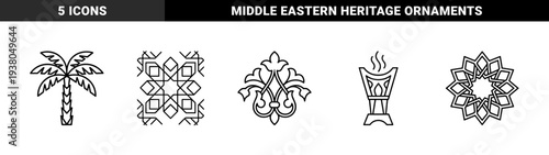 Traditional Middle Eastern cultural symbols and geometric arabesque motifs. Minimalist monoline illustrations featuring a palm tree, incense burner, and Islamic patterns.