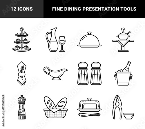 Fine dining and restaurant service elements for culinary branding. Professional monoline pictograms featuring table setting, wine service, and gourmet presentation tools.