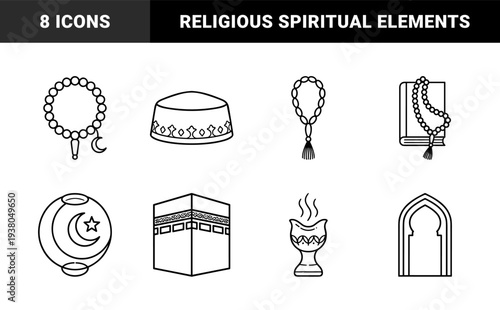 Islamic religious symbols and spiritual practice elements. Minimalist monoline black and white graphics featuring Kaaba, prayer beads, and crescent moon.