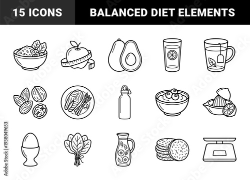 Healthy lifestyle and nutrition planning elements for wellness apps. Monolinear black and white pictograms featuring organic food and dieting concepts.