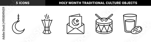 Ramadan and Islamic cultural traditions featuring crescent moon, greeting card, incense burner, drum, and dates with water. Monolinear black and white religious celebration elements.