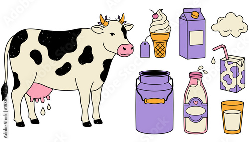A cheerful cartoon cow stands beside various dairy products including milk cartons a bottle a glass an ice cream cone and a milk churn all depicted with a playful hand drawn style