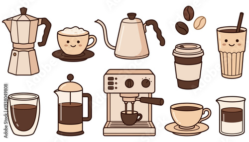 A collection of cute cartoon style coffee and beverage related items including various coffee makers cups and beans drink illustration kawaii caffeine espresso latte mocha