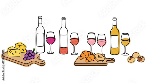 A collection of illustrated wine bottles wine glasses filled with various colored wines cheese grapes croissants and donuts on wooden boards drinks food beverage appetizer