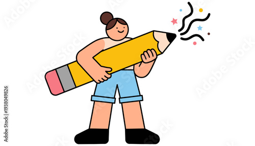 Cheerful cartoon character holding a large yellow pencil with colorful abstract lines and stars emanating from the tip conveying creativity and inspiration creative drawing