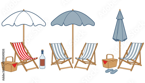 Collection of beach chairs open and closed umbrellas picnic baskets bottles of wine and flip flops arranged in a row wine bottle summer vacation relaxation outdoor leisure