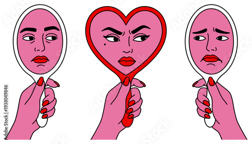 Three stylized female hands hold mirrors reflecting faces displaying different emotions neutral angry and sad reflection sadness anger expression feeling human abstract art