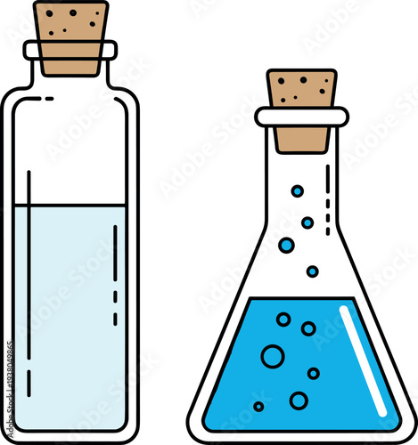 Laboratory glass bottles with liquid chemical flask and cork stopper science experiment equipment vector illustration
