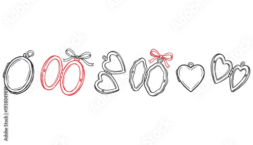 Hand drawn collection of oval and heart shaped lockets some open revealing inner space and embellished with red bows jewelry keepsake pendant antique vintage ornate drawing
