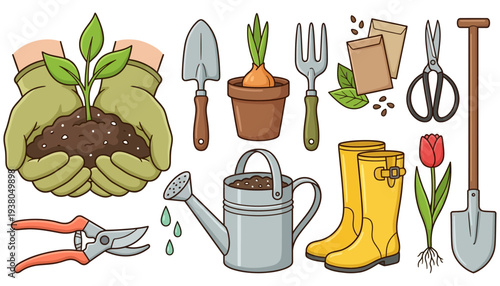 A collection of illustrated gardening items including hands holding a plant tools watering can boots and a tulip seedling sprout gloves soil shovel trowel fork wellington boots