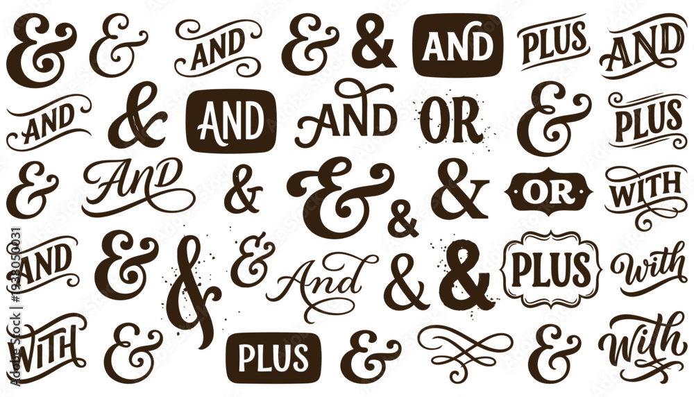 Naklejka premium A collection of various stylized ampersands the words AND OR and PLUS in different fonts and decorative elements on a white surface symbol typography text lettering design