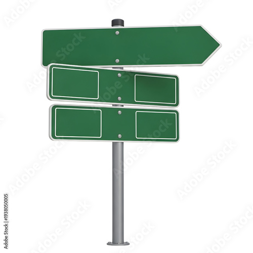 Blank Green Direction Road Sign Isolated on White Background – Empty Navigation Signpost PNG for Advertising and Wayfinding Design