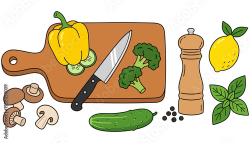 A collection of fresh ingredients including a yellow bell pepper broccoli cucumber mushrooms lemon and basil sprigs are arranged with a knife and pepper mill cooking food