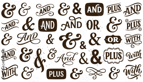 A collection of various stylized ampersands the words AND OR and PLUS in different fonts and decorative elements on a white surface symbol typography text lettering design