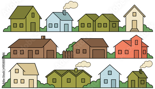 Collection of various simple cartoon houses and dwellings with roofs doors windows and some with smoke from chimneys homes real estate residential property cottage building