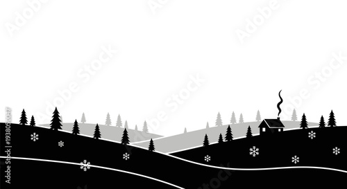 Black and white illustration of cabin.