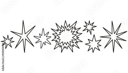 A collection of diverse starburst and sparkle graphic elements in black outline arranged horizontally across the frame explosion abstract design shape white simple icon symbol