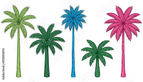Five stylized palm trees in various colors including green blue and pink with some bearing coconuts presented in a row coconut tree tropical summer vacation nature plant foliage