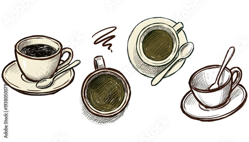 Four sketched cups of coffee and spoons some filled with dark liquid arranged on saucers and viewed from different angles 179 characters drink hot beverage caffeine breakfast