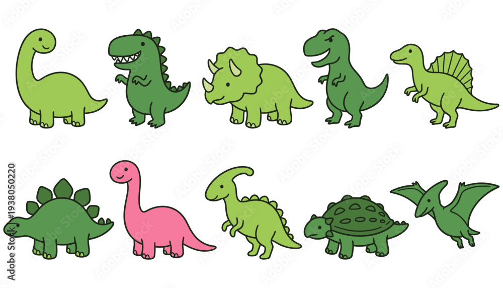 Fototapeta premium A collection of cute hand drawn dinosaurs in various poses and species rendered in a simple cartoon style with green and pink hues illustration prehistoric animal reptile