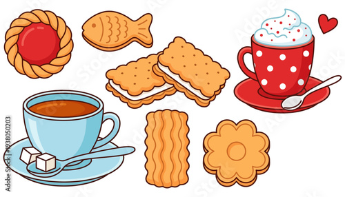 Assortment of sweet baked goods including jam cookies fish shaped biscuits sandwich cookies finger cookies and decorated cups of coffee and hot chocolate with whipped cream