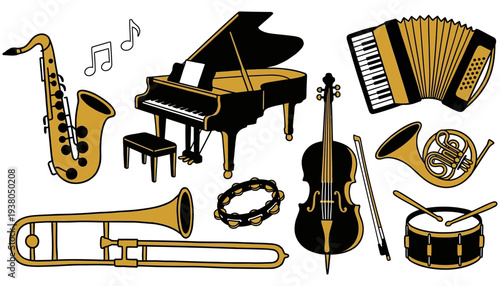 Collection of musical instruments including a grand piano saxophone trombone cello accordion French horn drum and tambourine with musical notes symphony orchestra jazz band
