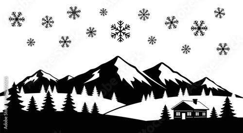 Snowflakes Falling On Mountain Peaks Silhouette.