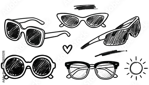 A collection of hand drawn sketches of various styles of sunglasses and a sun icon rendered in black and white eyewear fashion accessory summer sun protection drawing graphic