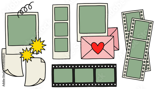 Collection of hand drawn graphic elements including instant photo frames film strips envelopes with heart and loose paper sheets with decorative swirls and starbursts scrapbook